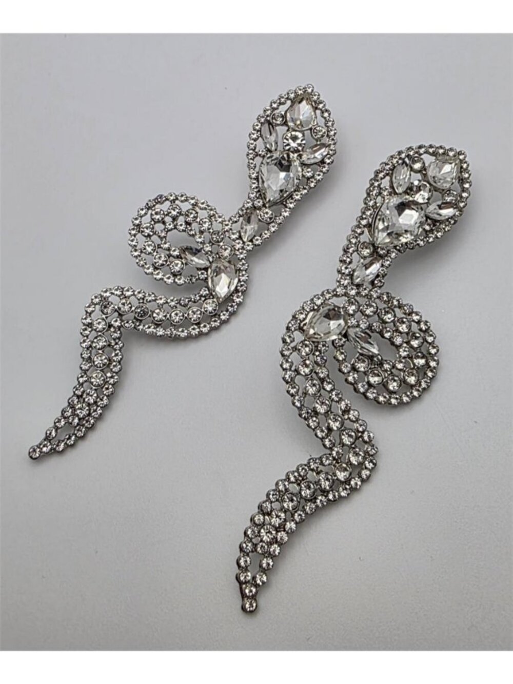 Clear Crystal Snake Drop Earrings Silver Tone 4 In Rhinestone Statement Serpent - Picture 4 of 10